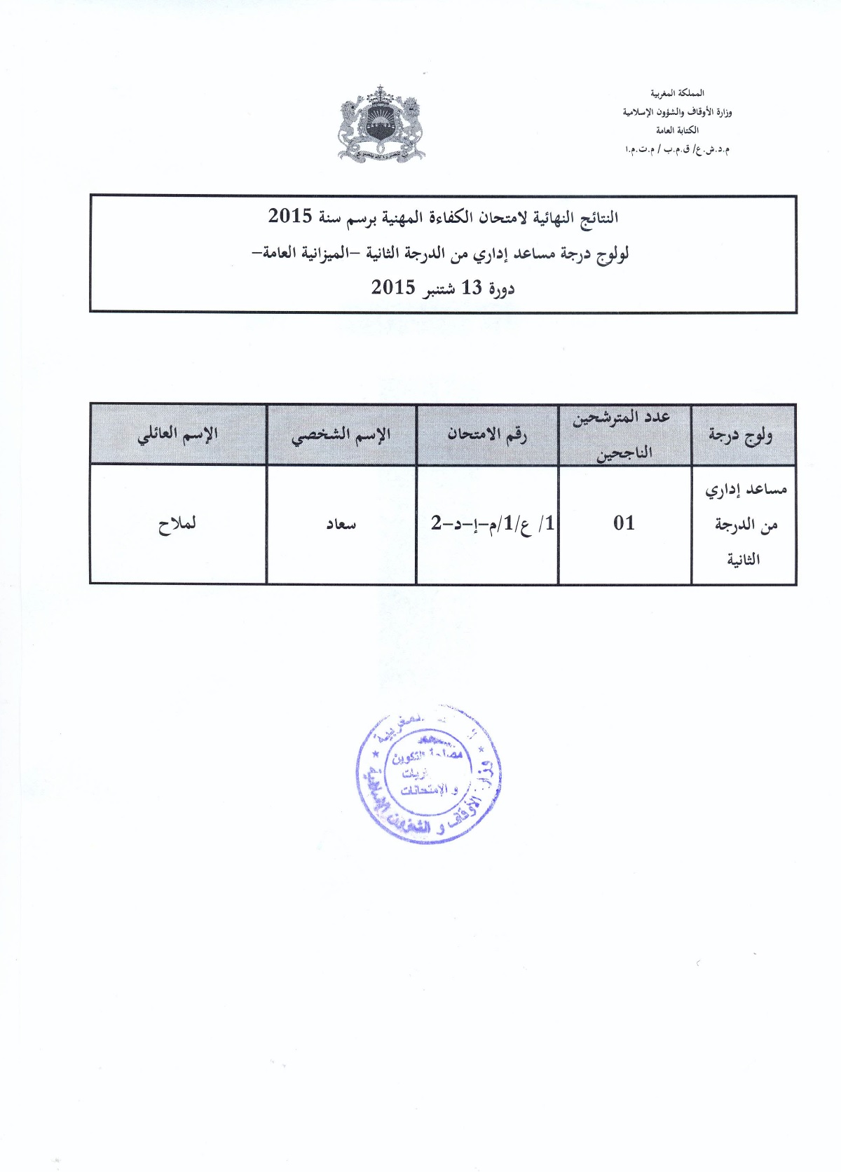 نتائج امتحان الكفاءة المهنية برسم سنة 2015 لولوج درجة مساعد إداري من الدرجة الثانية نتائج امتحان الكفاءة المهنية برسم سنة 2015 لولوج درجة مساعد إداري من الدرجة الثانية